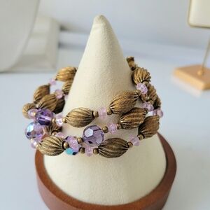 Vintage Triple Strand Goldtone Beaded Cuff Bracelet • Ornate Fold Over Clasp